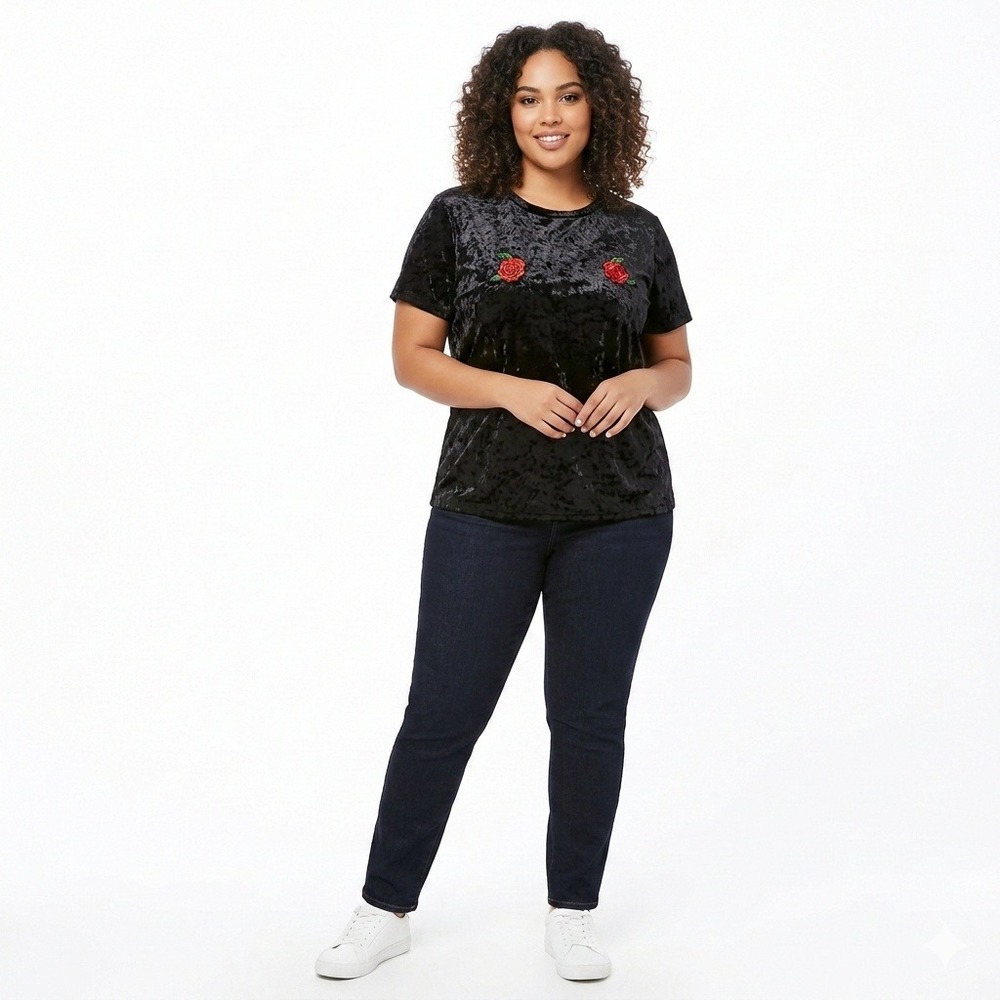 Forever 21 Plus Size 2X Black Crushed Velvet Rose Embroidered T-Shirt Top